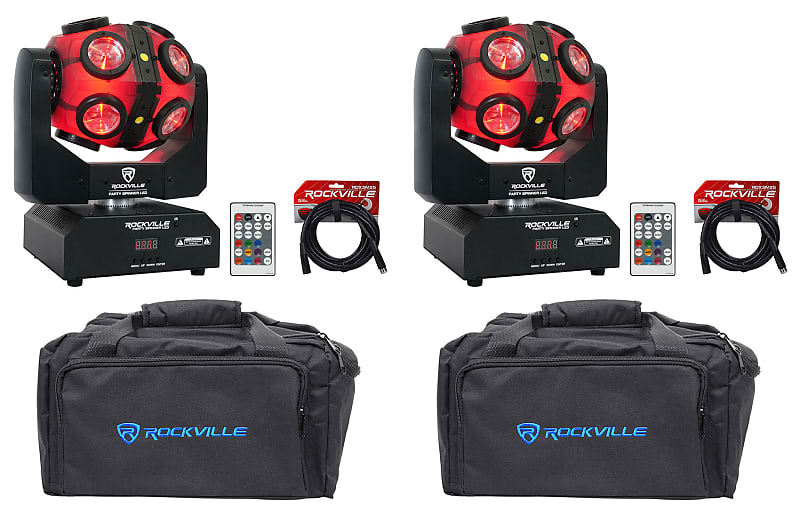 (2) Rockville Party Spinner LED Moving Head RGBW DMX DJ Lights + Bags + Cables (2) PARTY SPINNER LED+(2) RLB80+RDX3M25