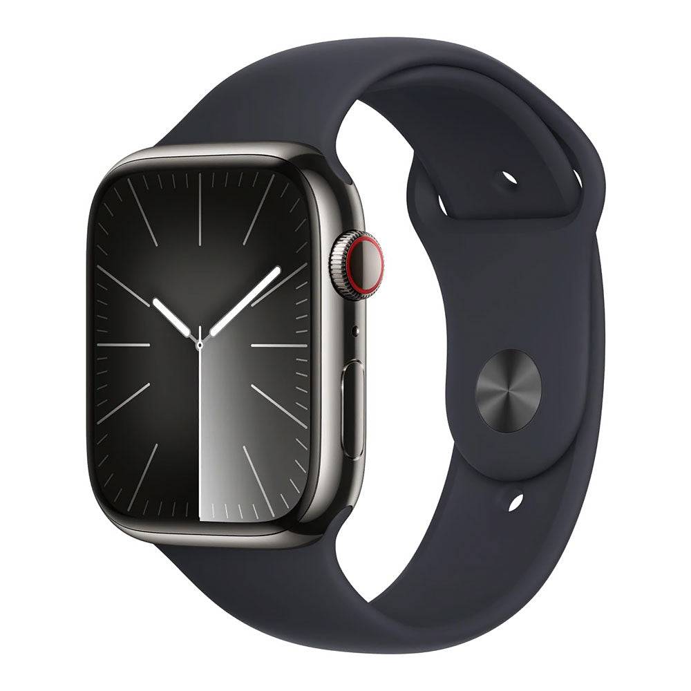 ساعة Apple Watch Series 9 (GPS+Cellular)، 45 مم، هيكل من الفولاذ المقاوم للصدأ باللون الرمادي/حزام رياضي بلون منتصف الليل - مقاس صغير/متوسط