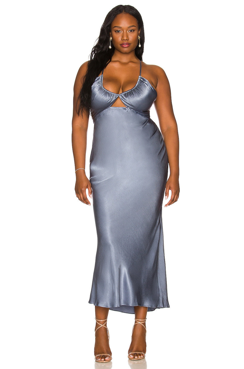 Shona Joy La Lune Ruched Bodice Midi Dress in Blue Smoke