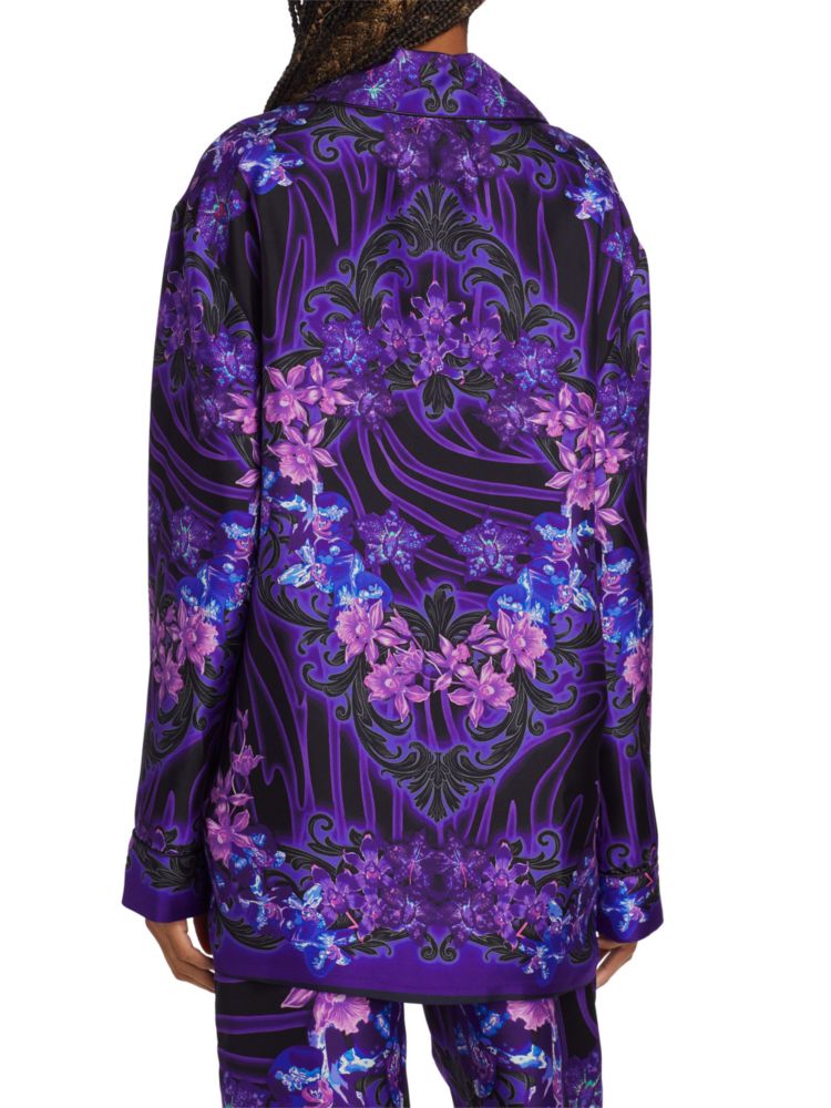 Versace Floral Silk Pajama Shirt in Black Orchid