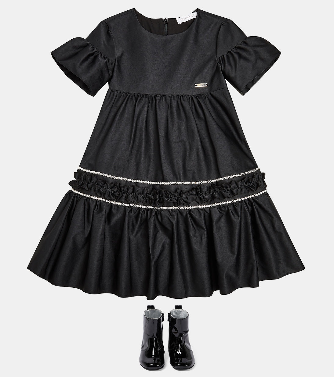 Satin dress with frills and Monnalisa decor, black