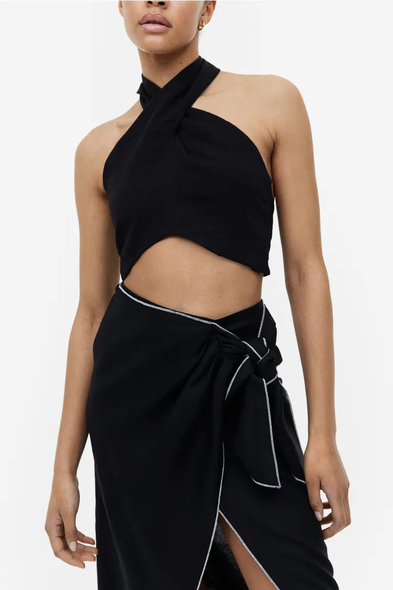 H&M linen blend front wrap skirt, black