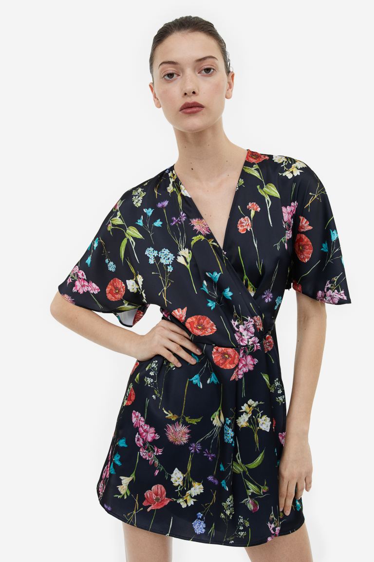 H&M Satin Wrap Front Dress, Black/Floral