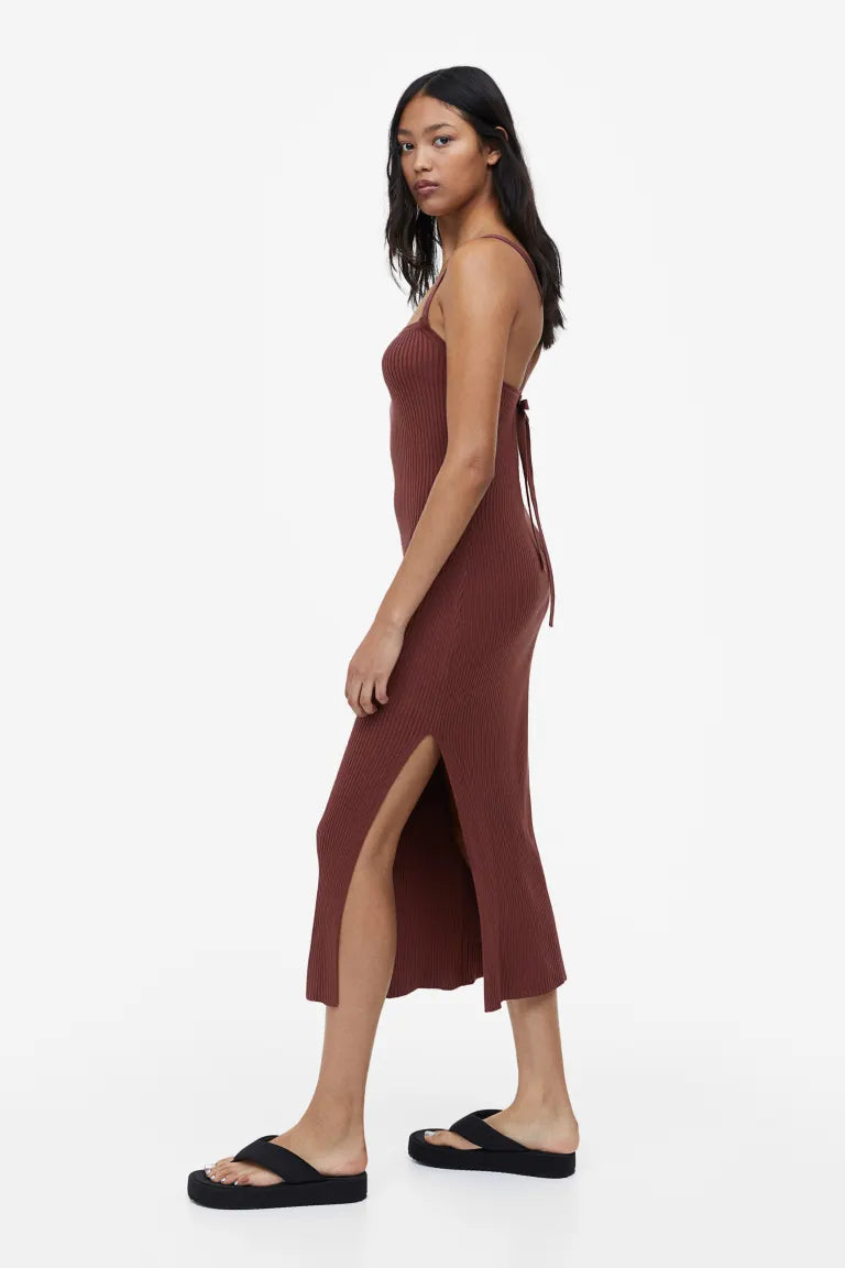 H&M ribbed knit dress with open back, dark brown