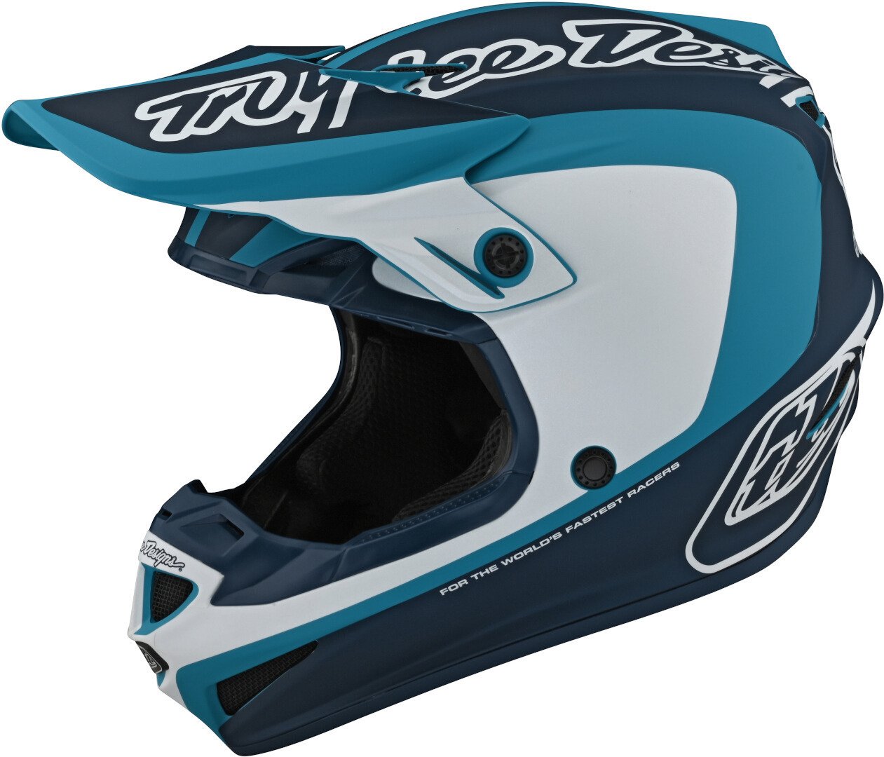 خوذة Troy Lee Designs SE4 Corsa Motocross باللون الأزرق والأبيض والأحمر