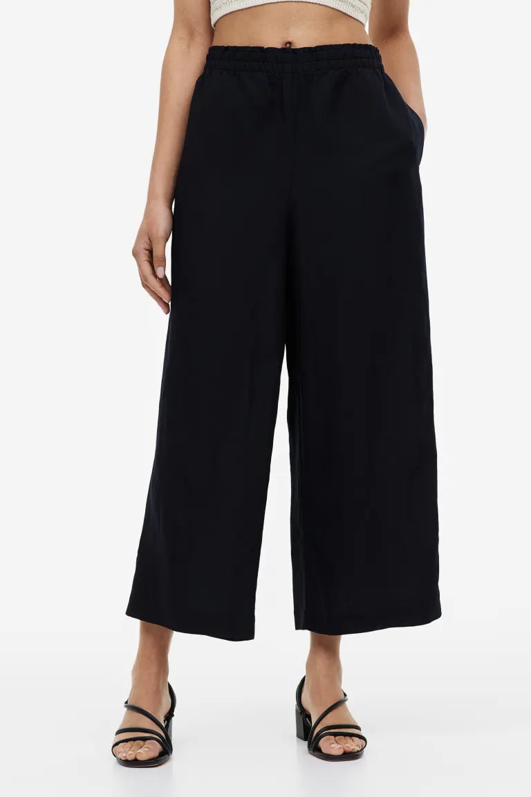 H&M linen blend cropped trousers, black