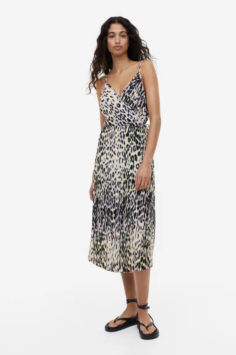 H&M Pleated Wrap Dress, Light Beige/Leopard Print