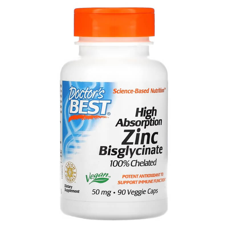 Highly absorbable zinc bisglycinate Doctor's Best 100% chelated 50 mg, 90 capsules