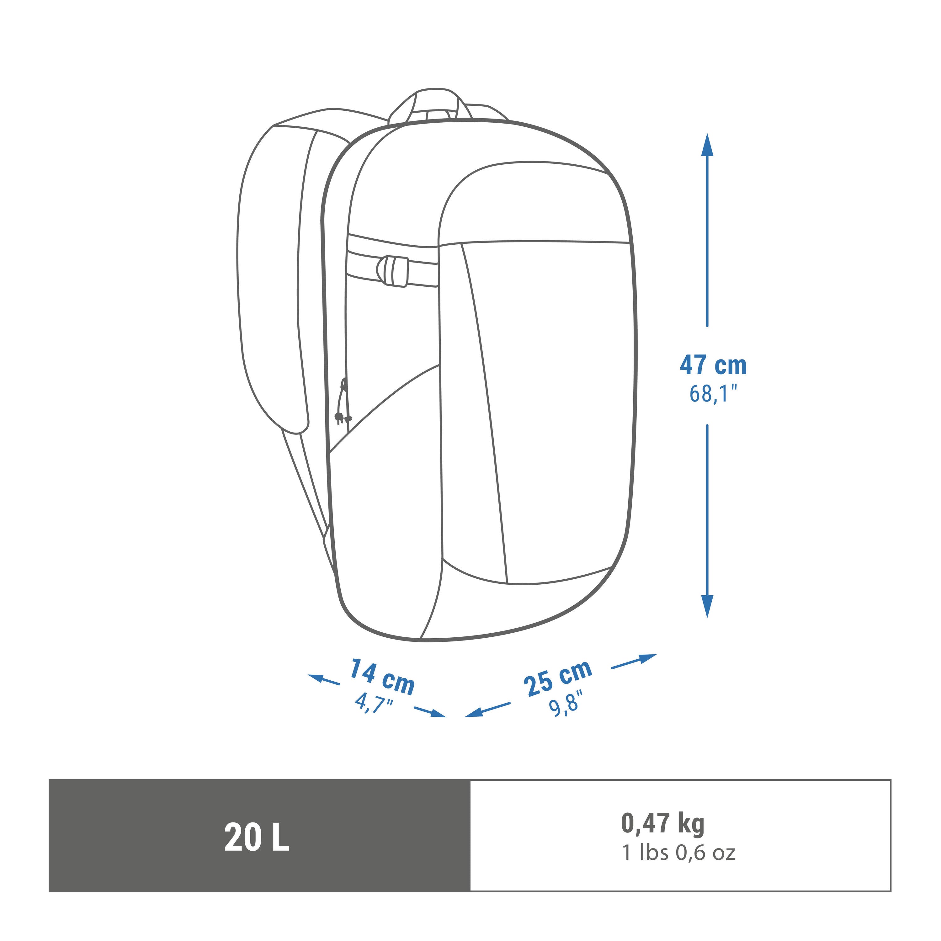 حقيبة ظهر للمشي لمسافات طويلة Quechua Arpenaz NH100 20 لتر، أزرق