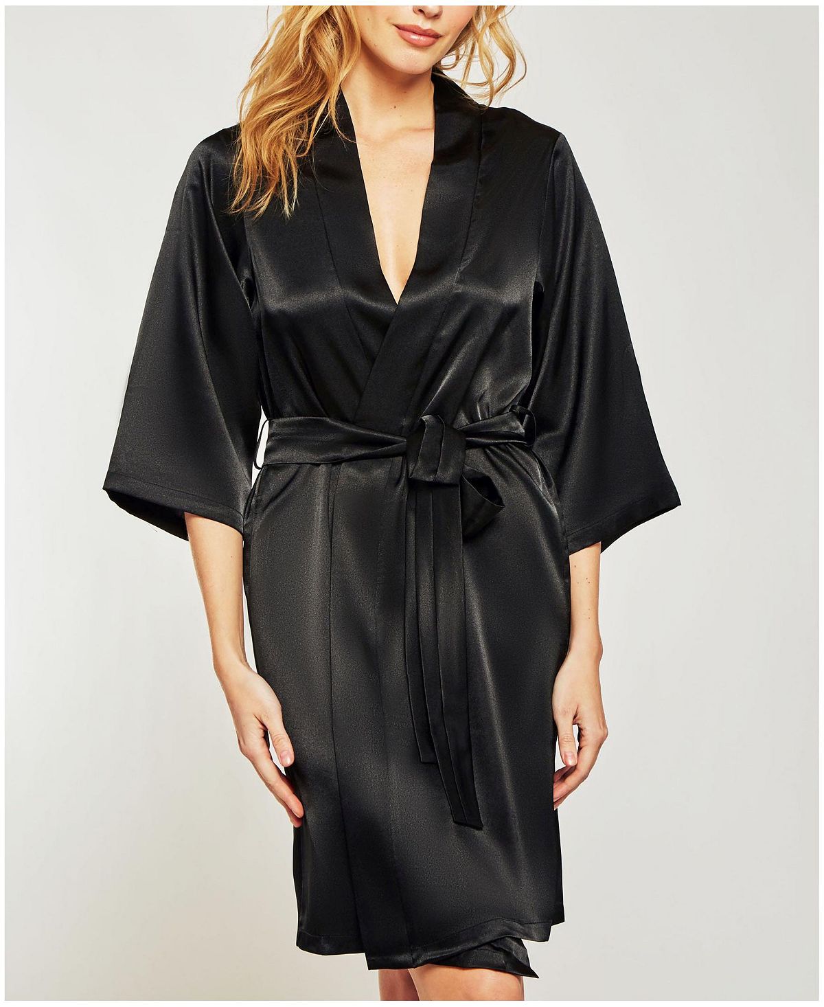 Women's marina lux satin robe with 3/4 sleeves iCollection, black