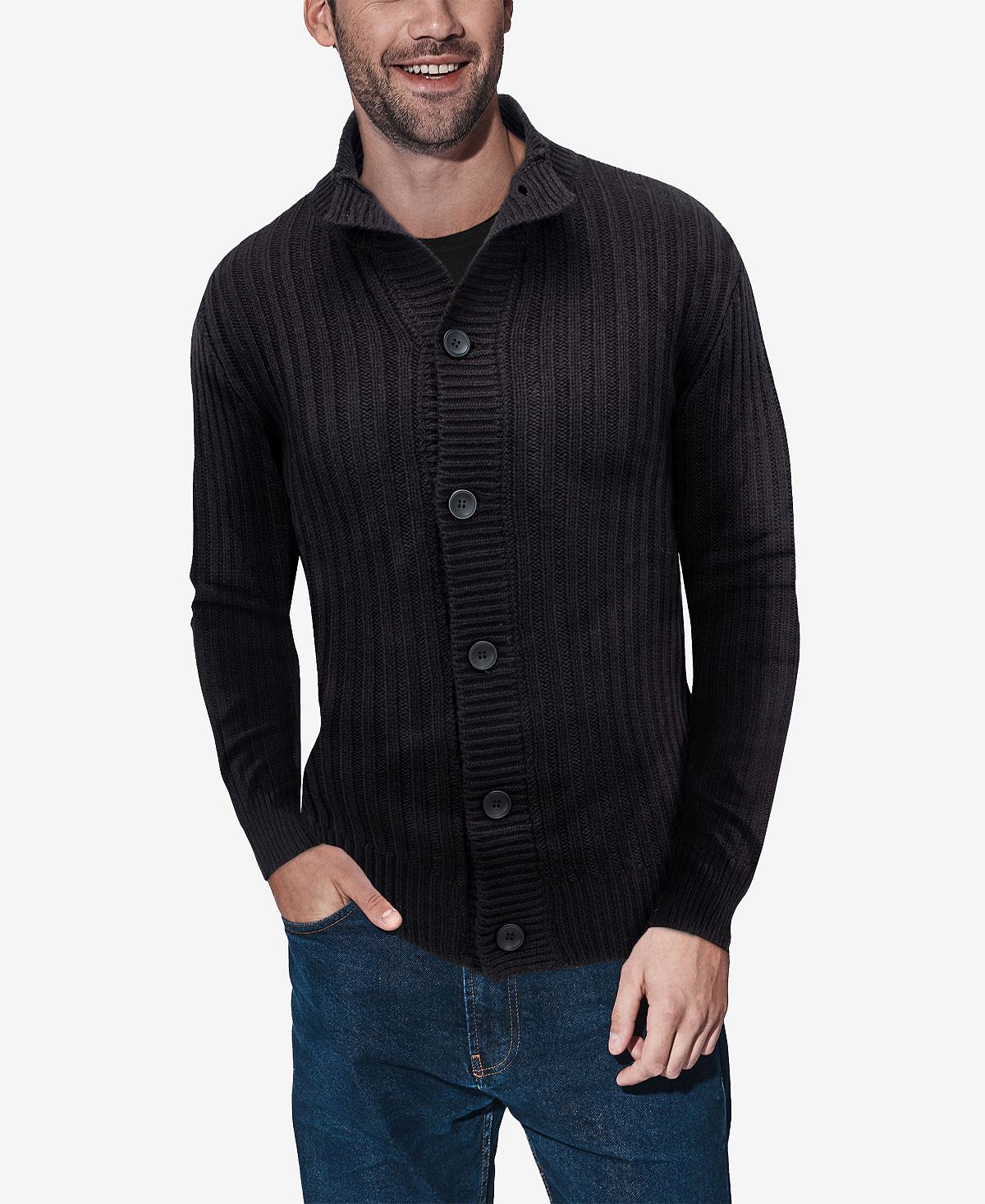 X-Ray Men's Rib Knit Cardigan with Stand Collar Button Down, Black