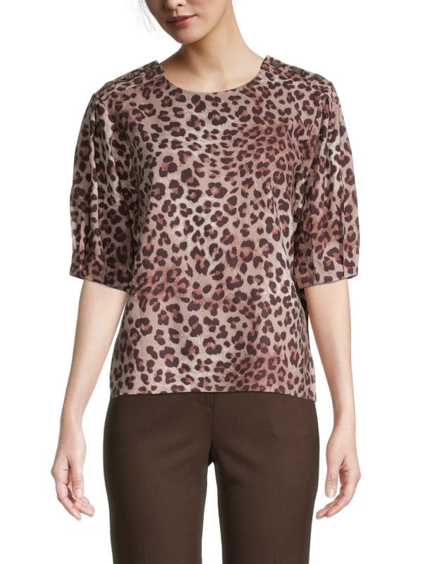 Rebecca Minkoff Devin Leopard Print Puff Sleeve Top, tan