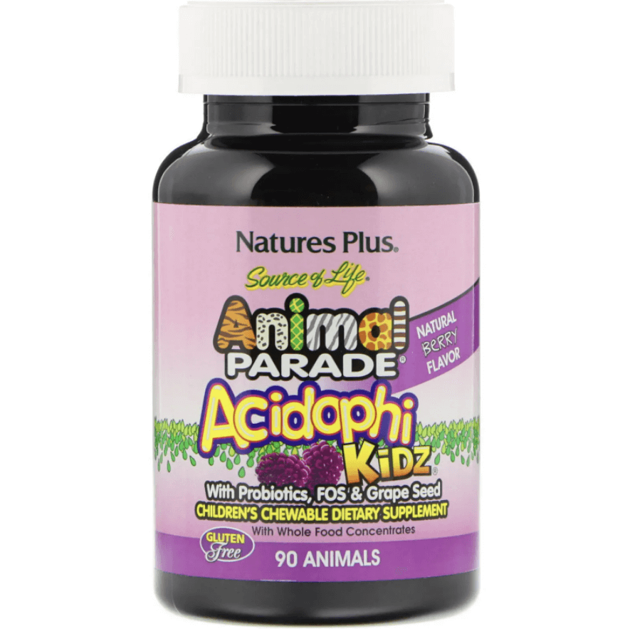 Chewable Tablets for Children, Source of Life, Animal Parade, AcidophiKidz, Natural Berry, 90 Tabs, NaturesPlus