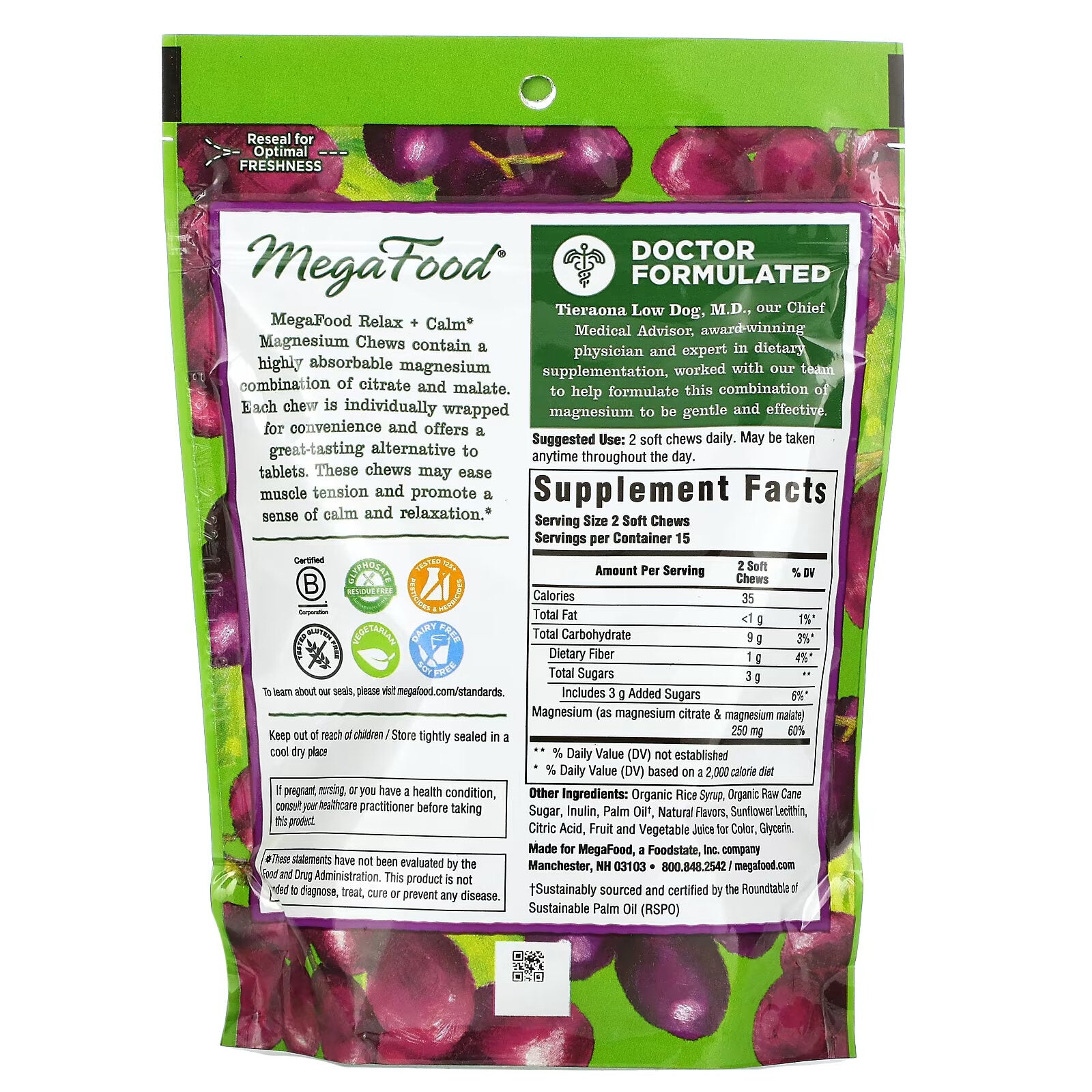 MegaFood, Calm & Relax Magnesium Chewables, Grape 30 chewable tablets individually packaged