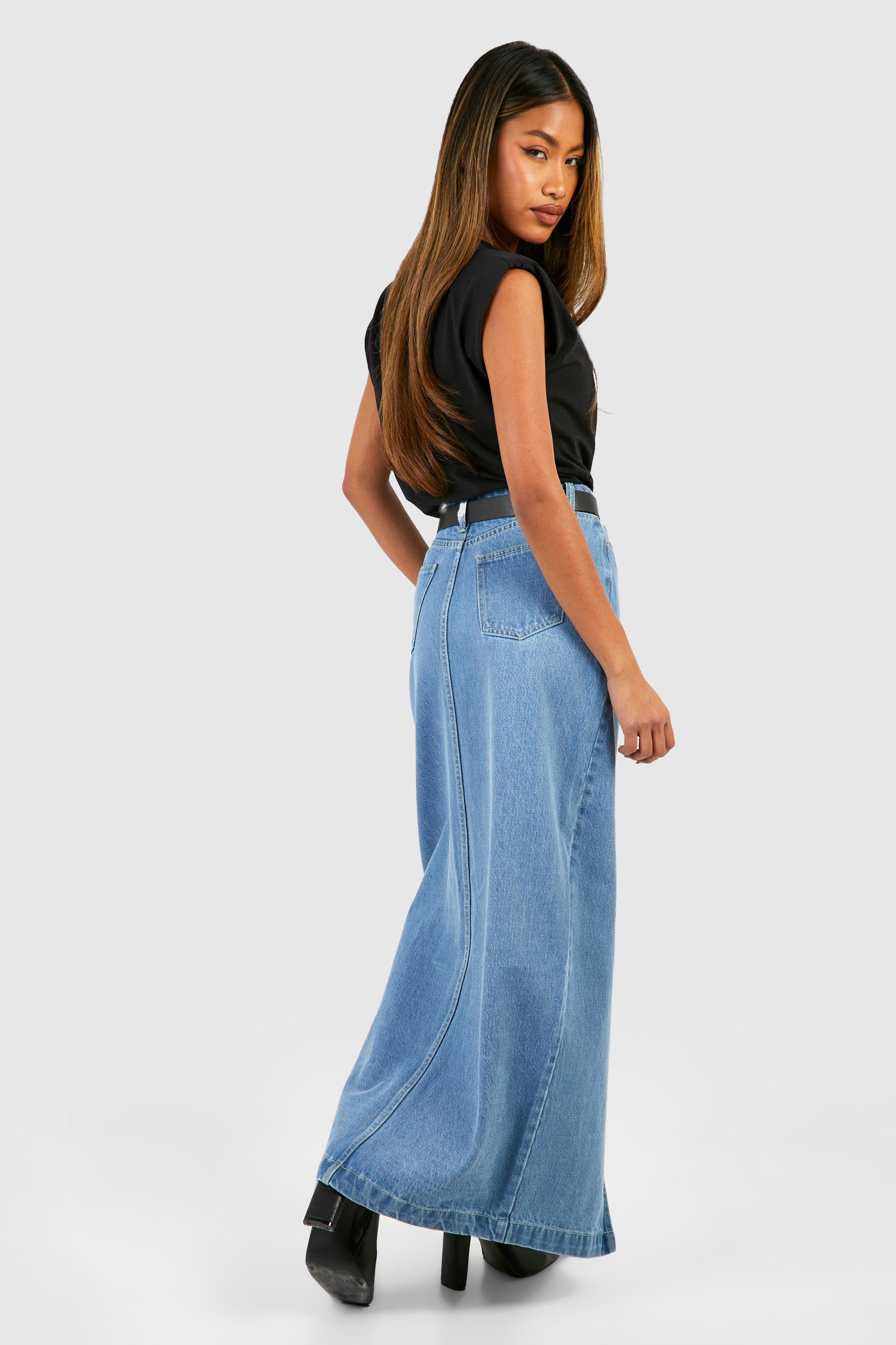 Boohoo Front Split Denim Maxi Skirt, Blue