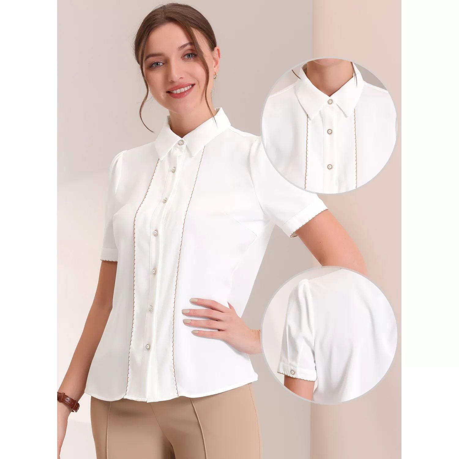 Women's collared button-down shirt with fluffy blouse with contrast trim and short sleeves ALLEGRA K ,  white