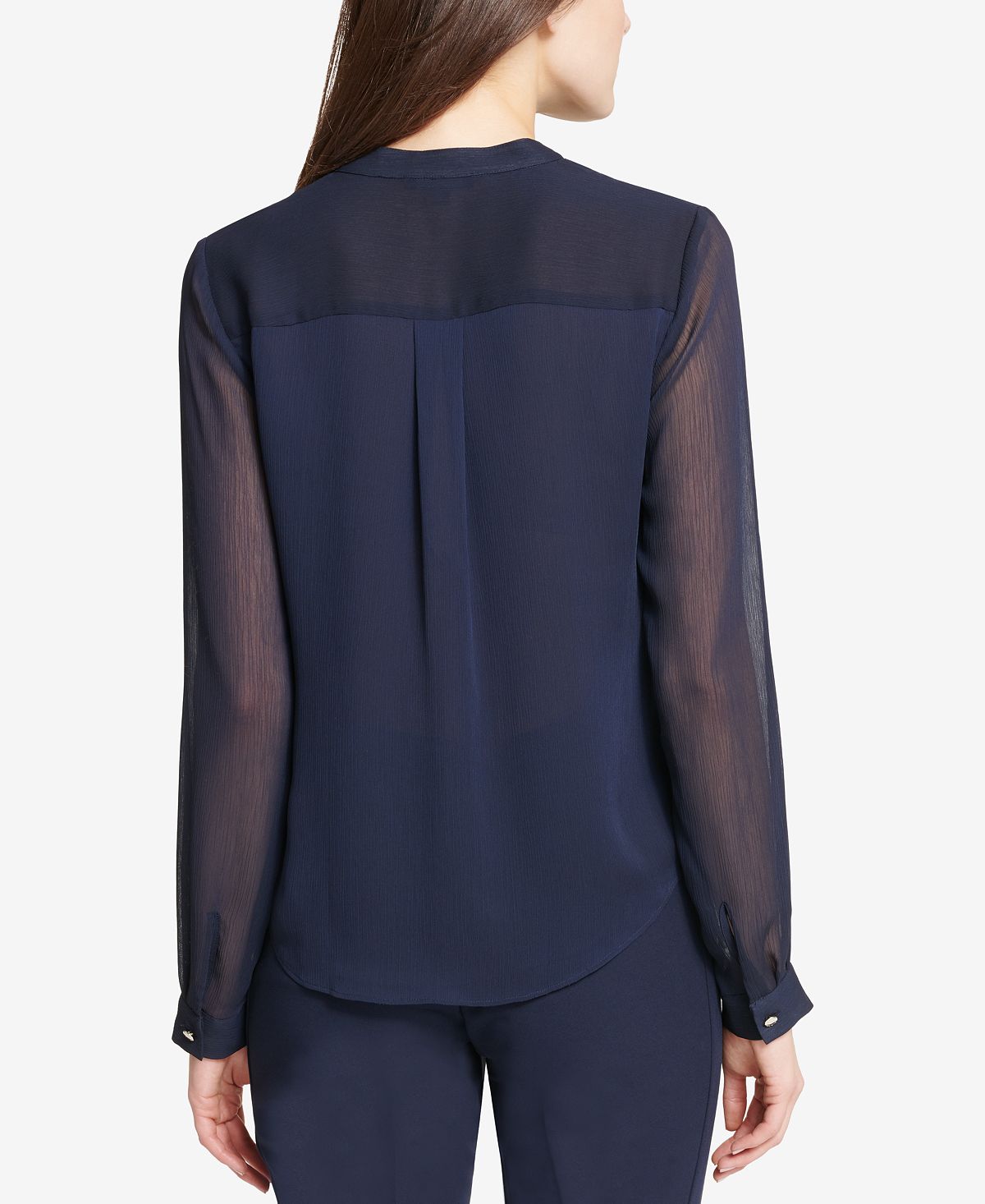 Tommy Hilfiger Women's Ruffle Blouse with Stand Collar, Blue