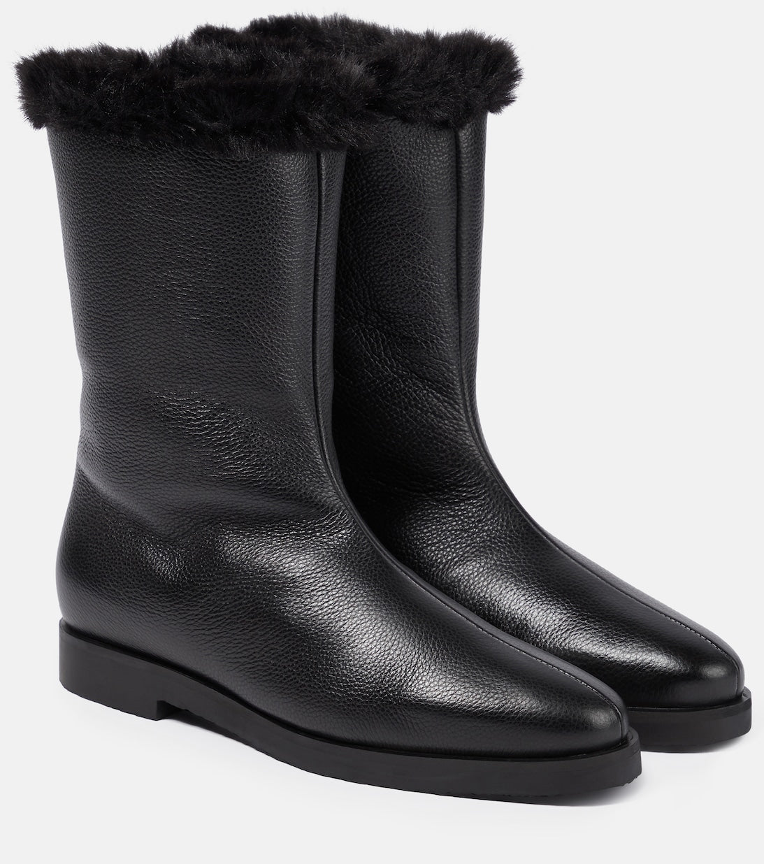 Toteme Leather Ankle Boots with Faux Fur Lining, Black