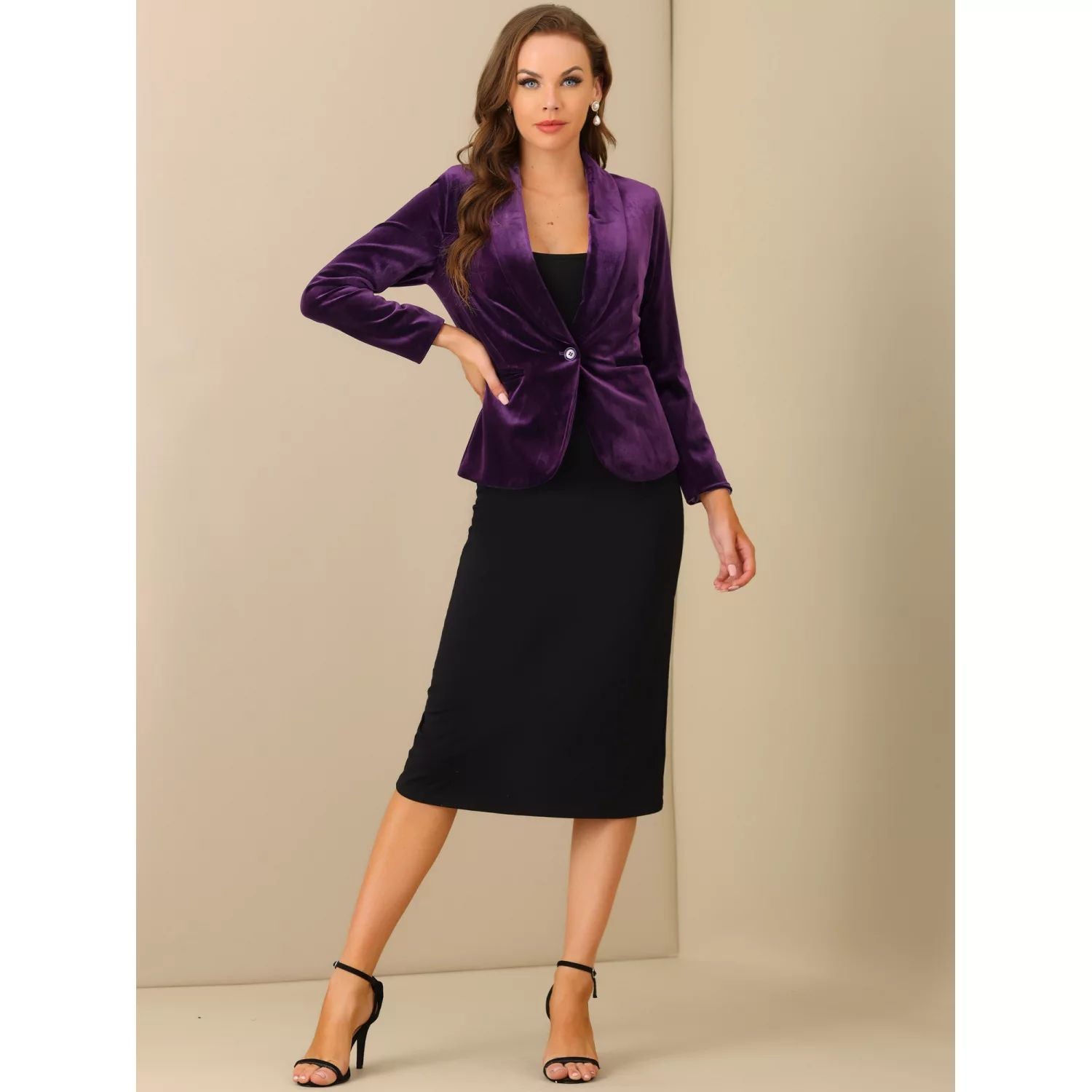 Women's velvet jacket with long sleeves with one button and shawl collar ALLEGRA K