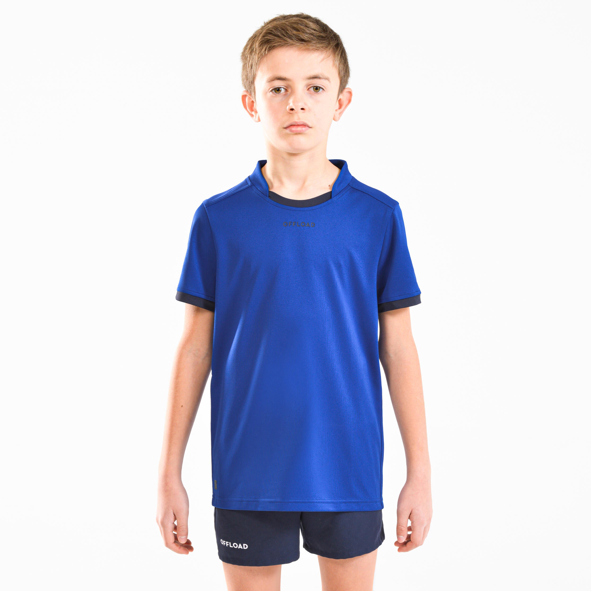 Short sleeve rugby shirt R100 children's blue OFFLOAD, sea blue/dark blue