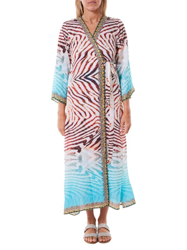 Ranee's Wrap Beach Dress with Zebra Print, White/Red/Blue