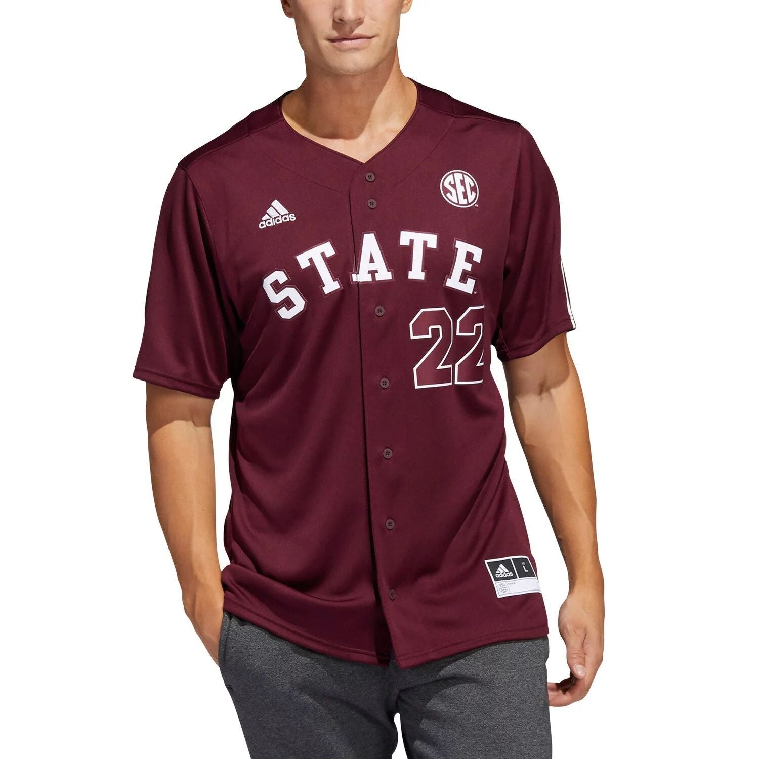 تي شيرت بيسبول رجالي من adidas No. 22 Maroon Mississippi State Bulldogs بأزرار