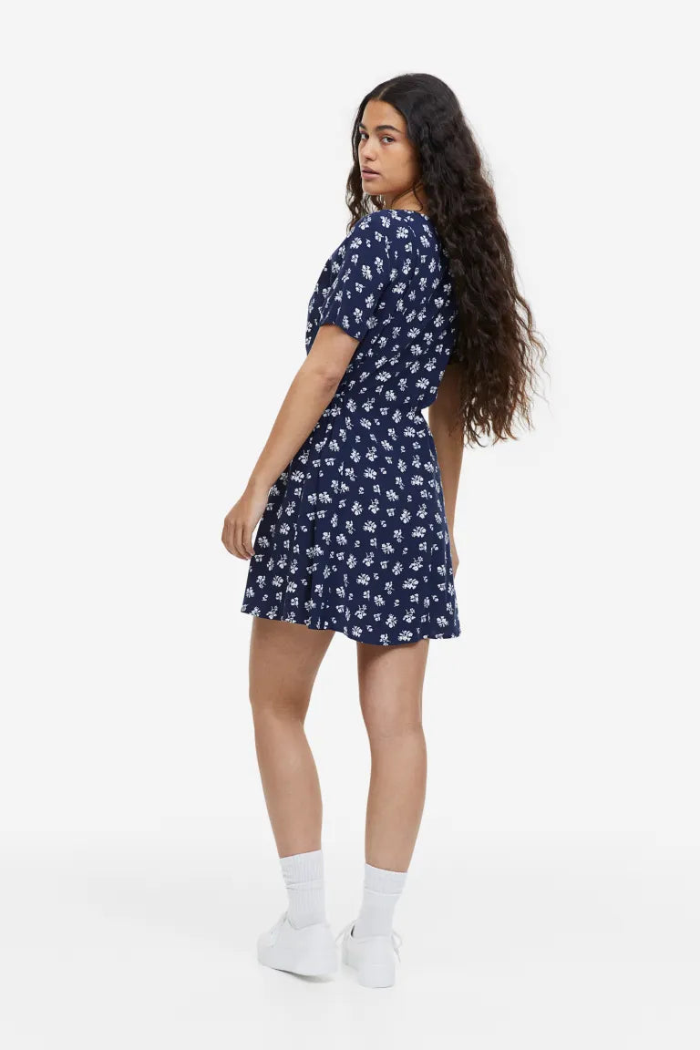 H&M Button Front Tie Dress, Navy/Floral