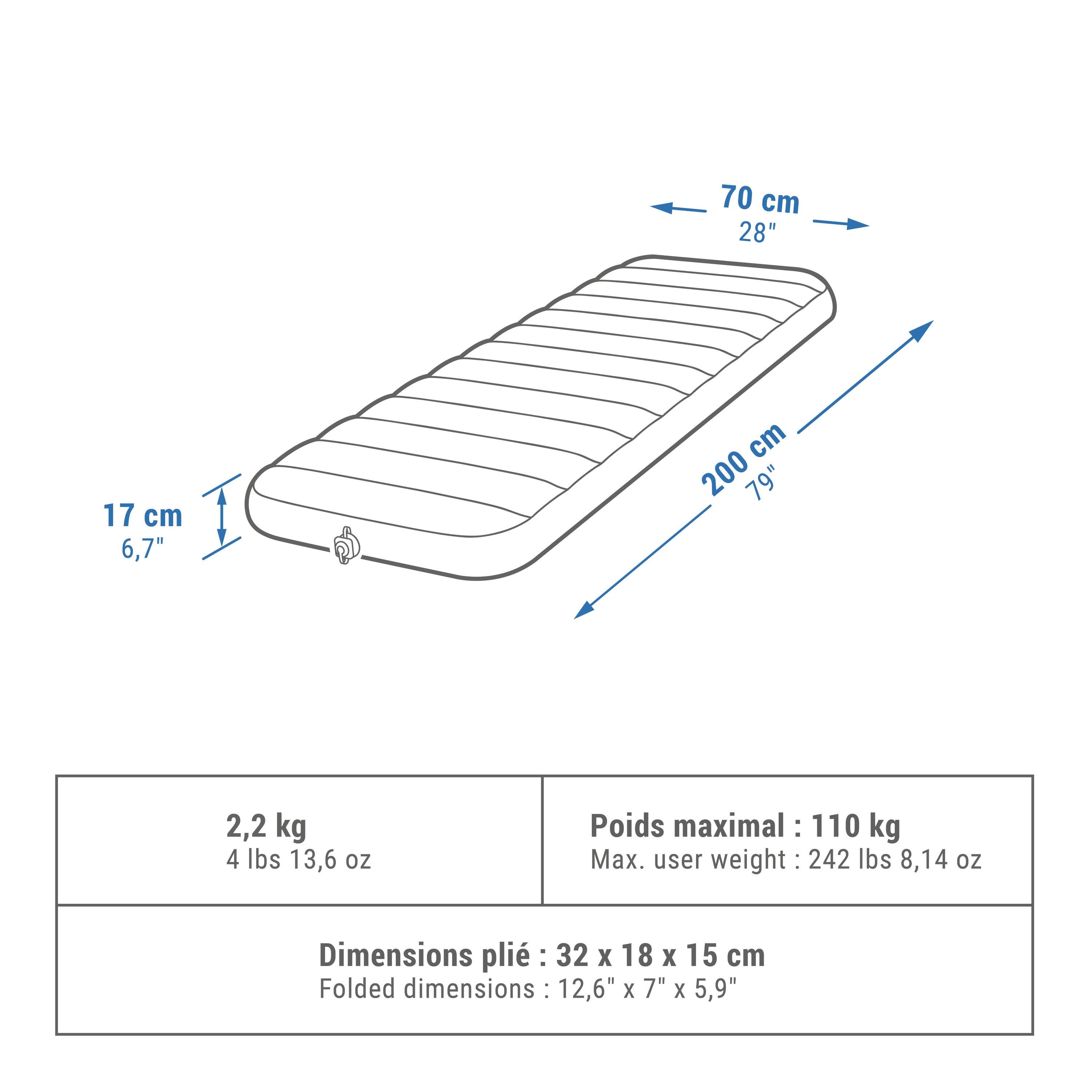 Quechua inflatable mattress for camping single 70 cm Air Comfort