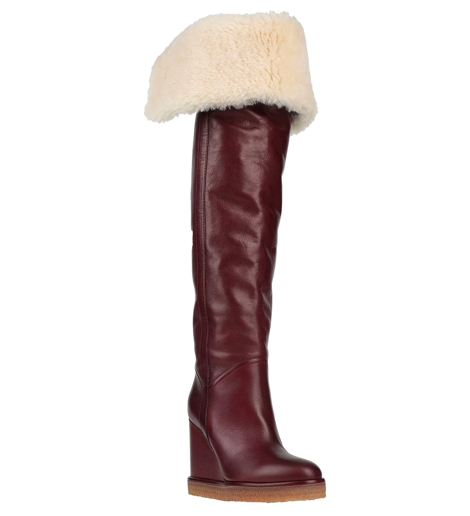 Leather boots with fur lapel CELINE, burgundy