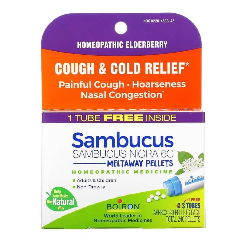 Cough and cold remedy Boiron Sambucus Meltaway 6C, 3 tubes of 80 granules