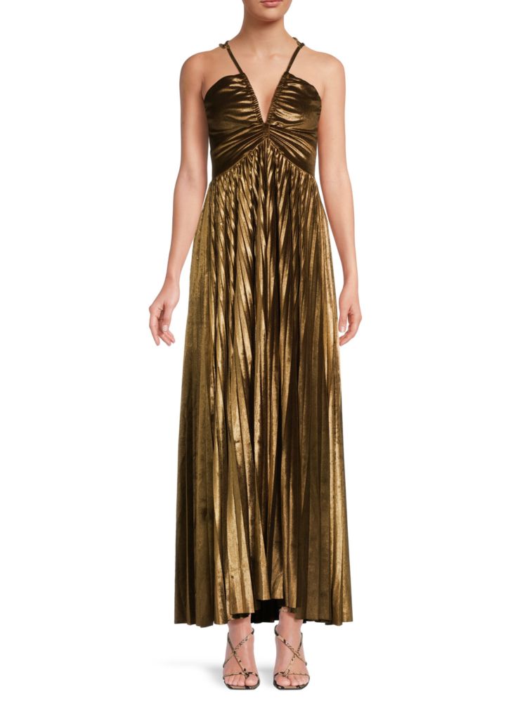 Patbo accordion pleated velvet maxi dress, gold