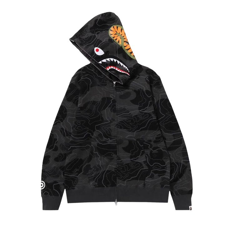 BAPE Layered Line Camo Shark Full Zip 'Black' Hoodie, Black