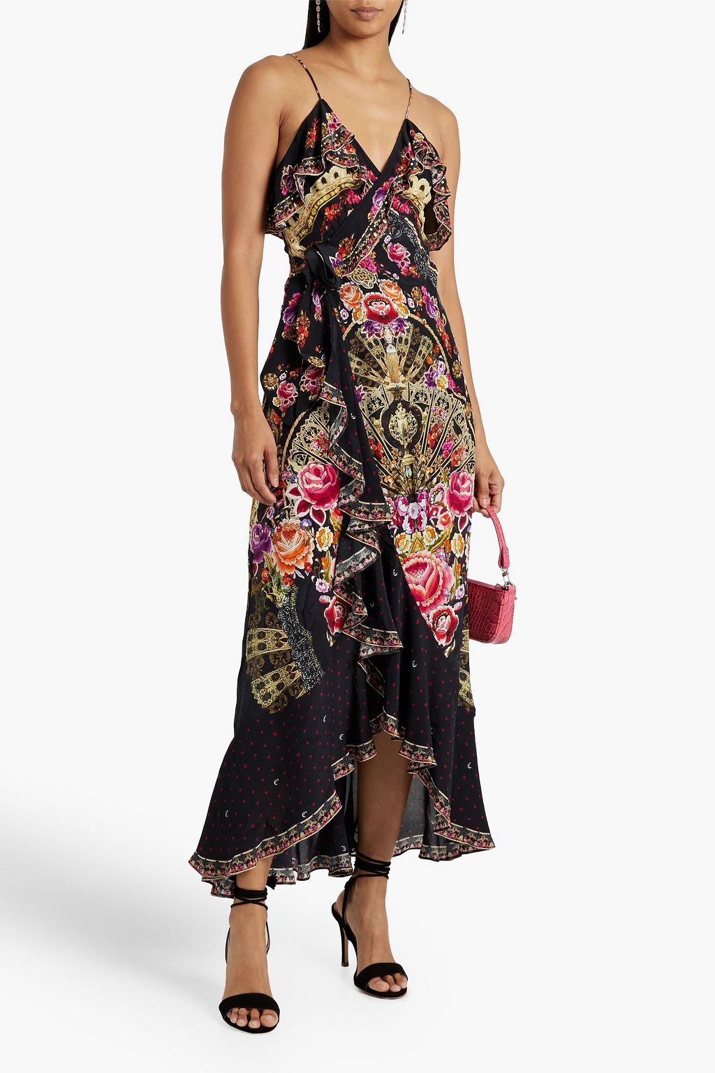 Silk crepe de Chine maxi dress with print and ruffles CAMILLA, black