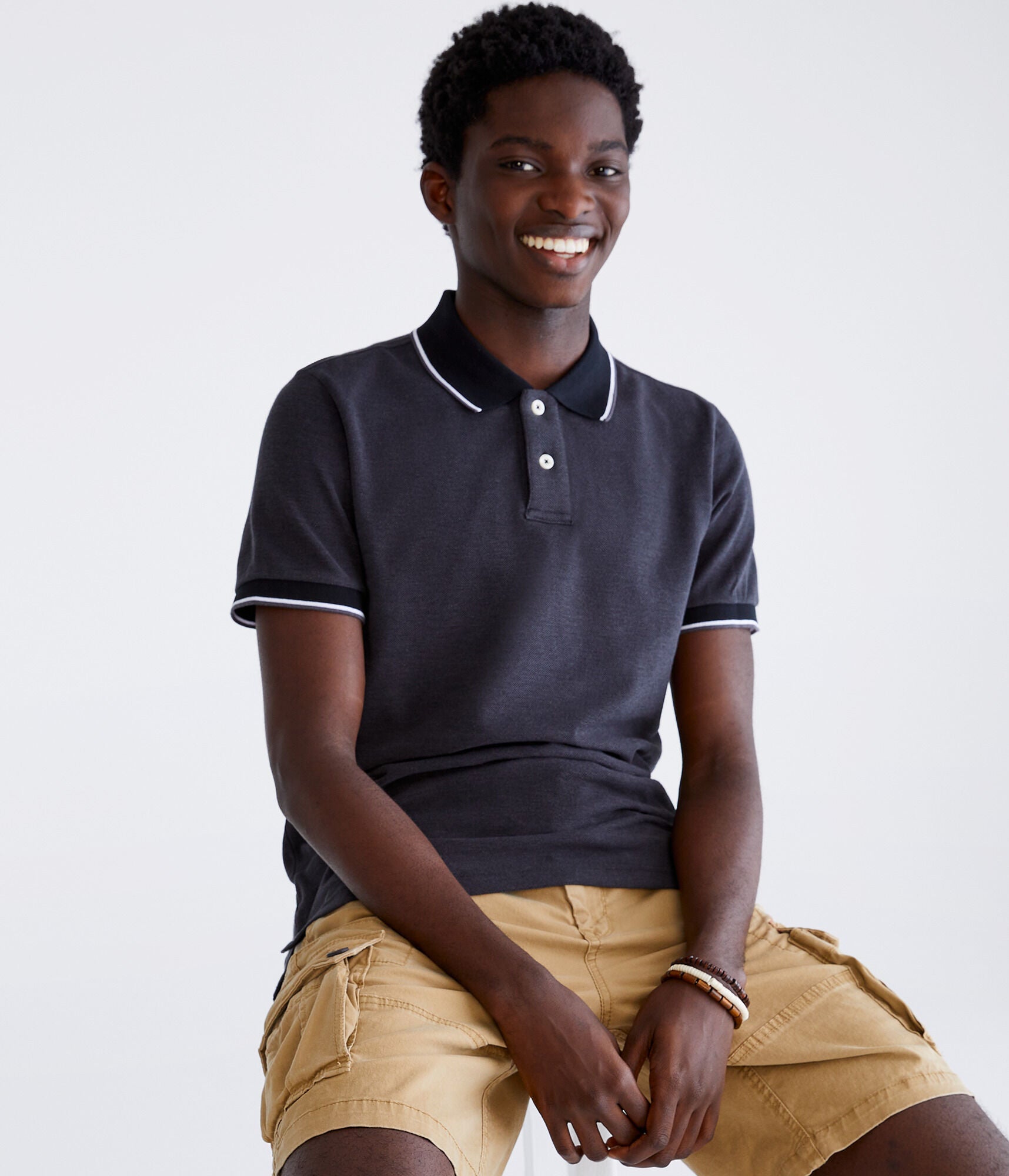 Aeropostale Pique Polo with Contrast Tip, Black