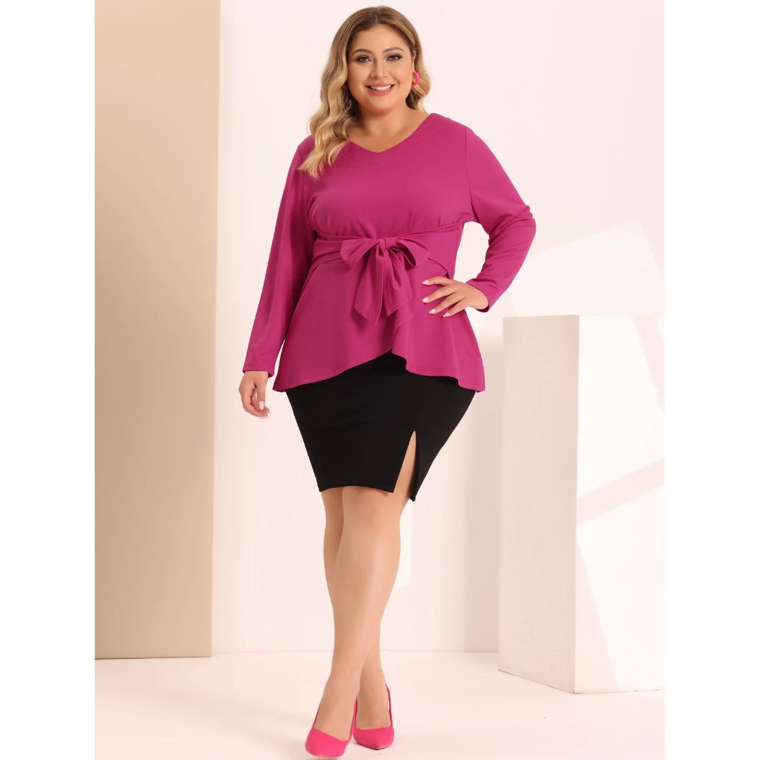 Women's office knitted plus size blouse with V-neck belt and tie, long sleeves Agnes Orinda, hot pink