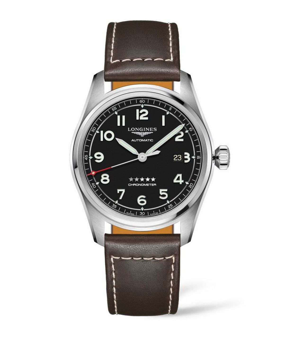 Spirit Men's Automatic Stainless Steel Chronometer Watch with Brown Leather Strap , 42 mm Longines