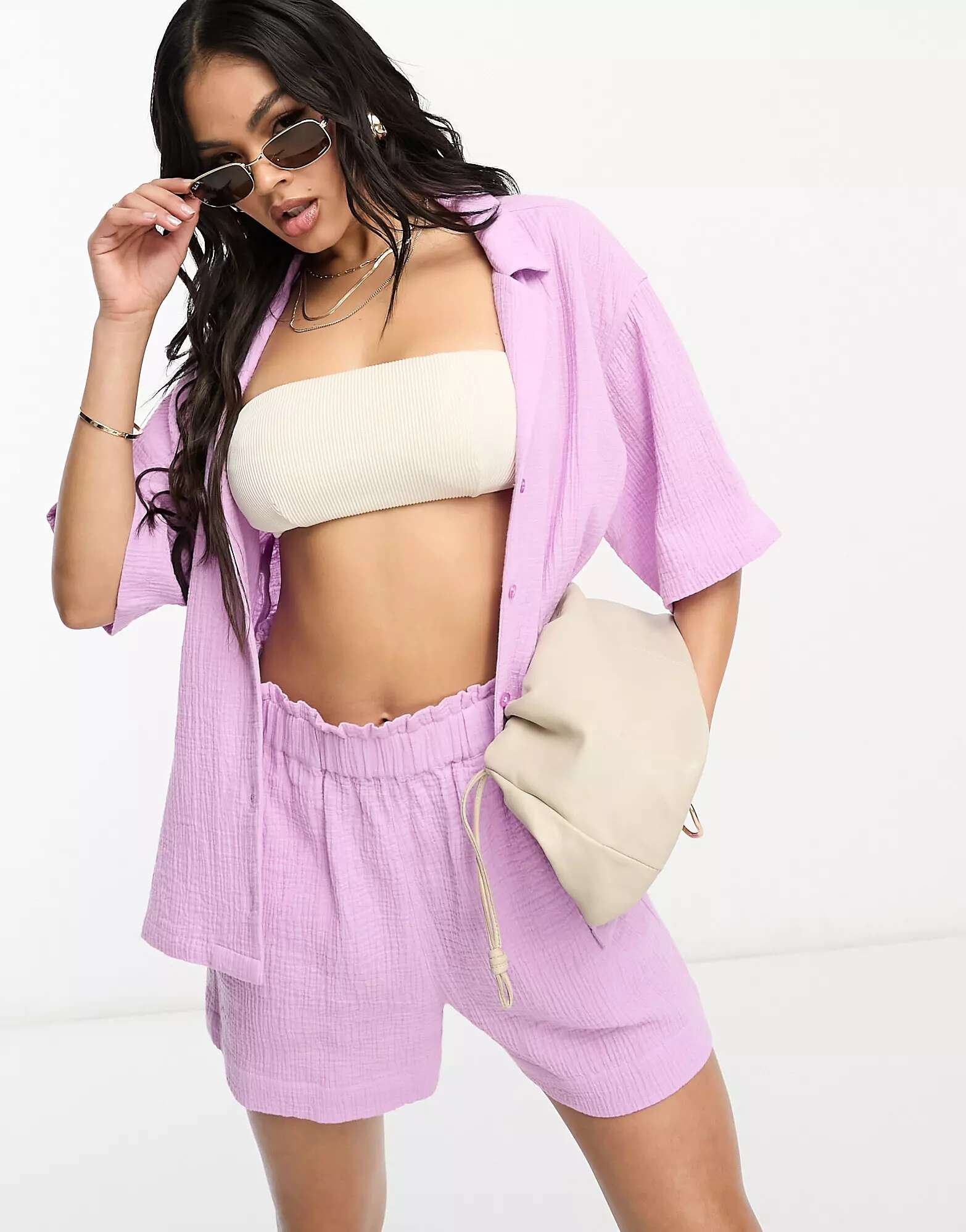 Lindex Loose Fit Gauze Beach Shirt With Wide Sleeves In Lilac