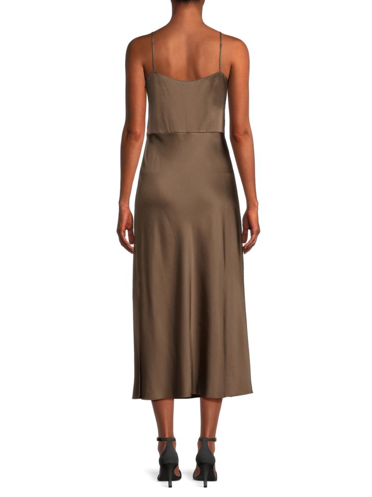 Vince Satin Cowl Neck Midi Slip Dress in Bark