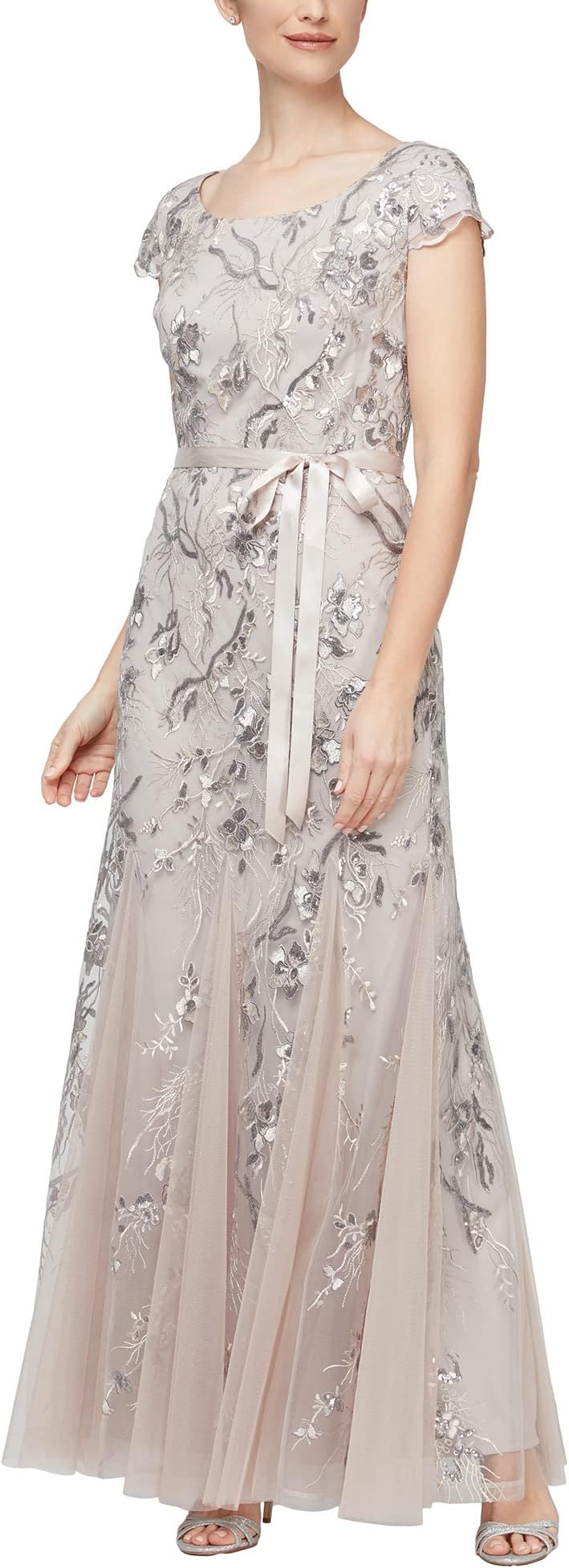 Long dress with embroidery and godet Alex Evenings, taupe