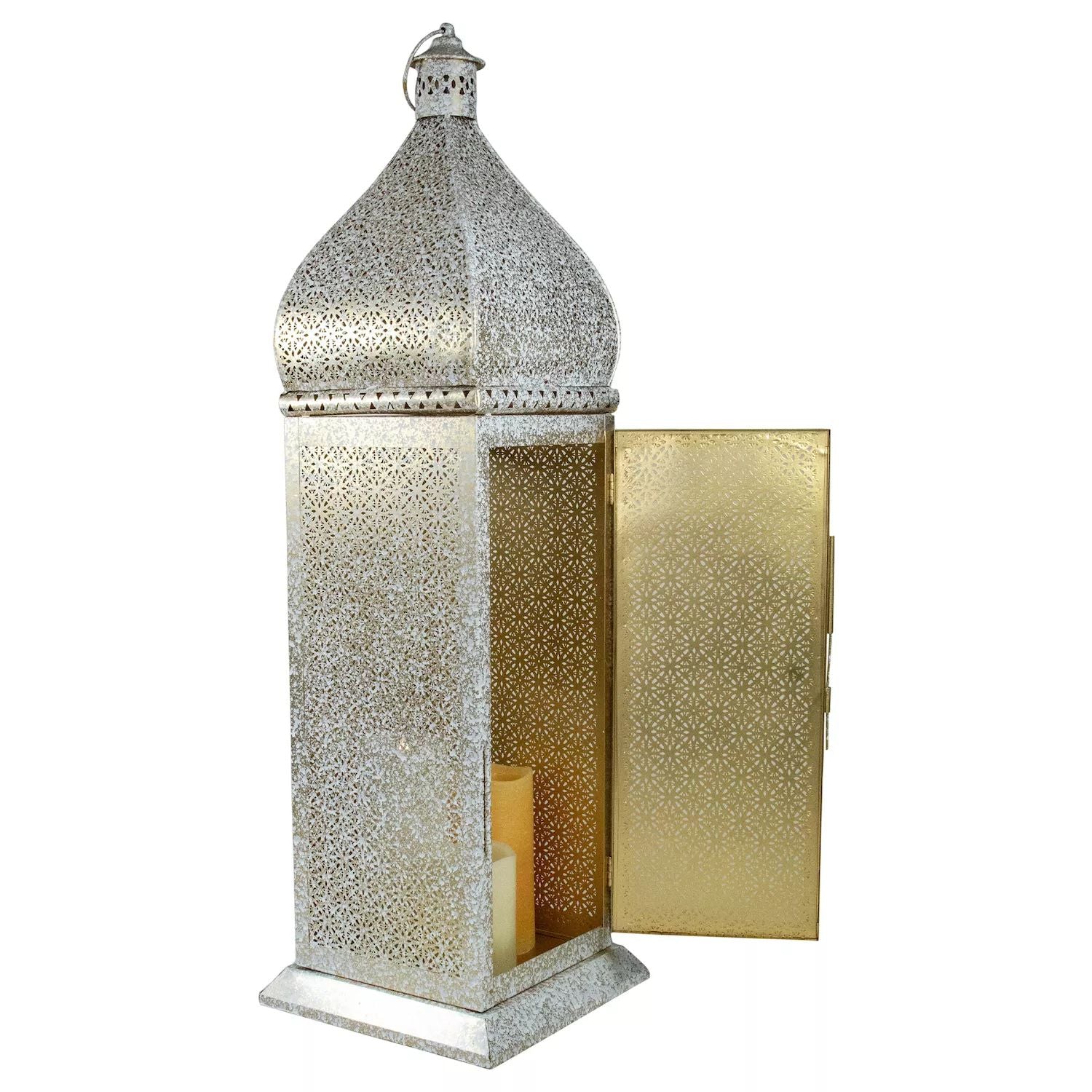 30.5" White and Gold Floor Lantern with Moroccan Style Candle