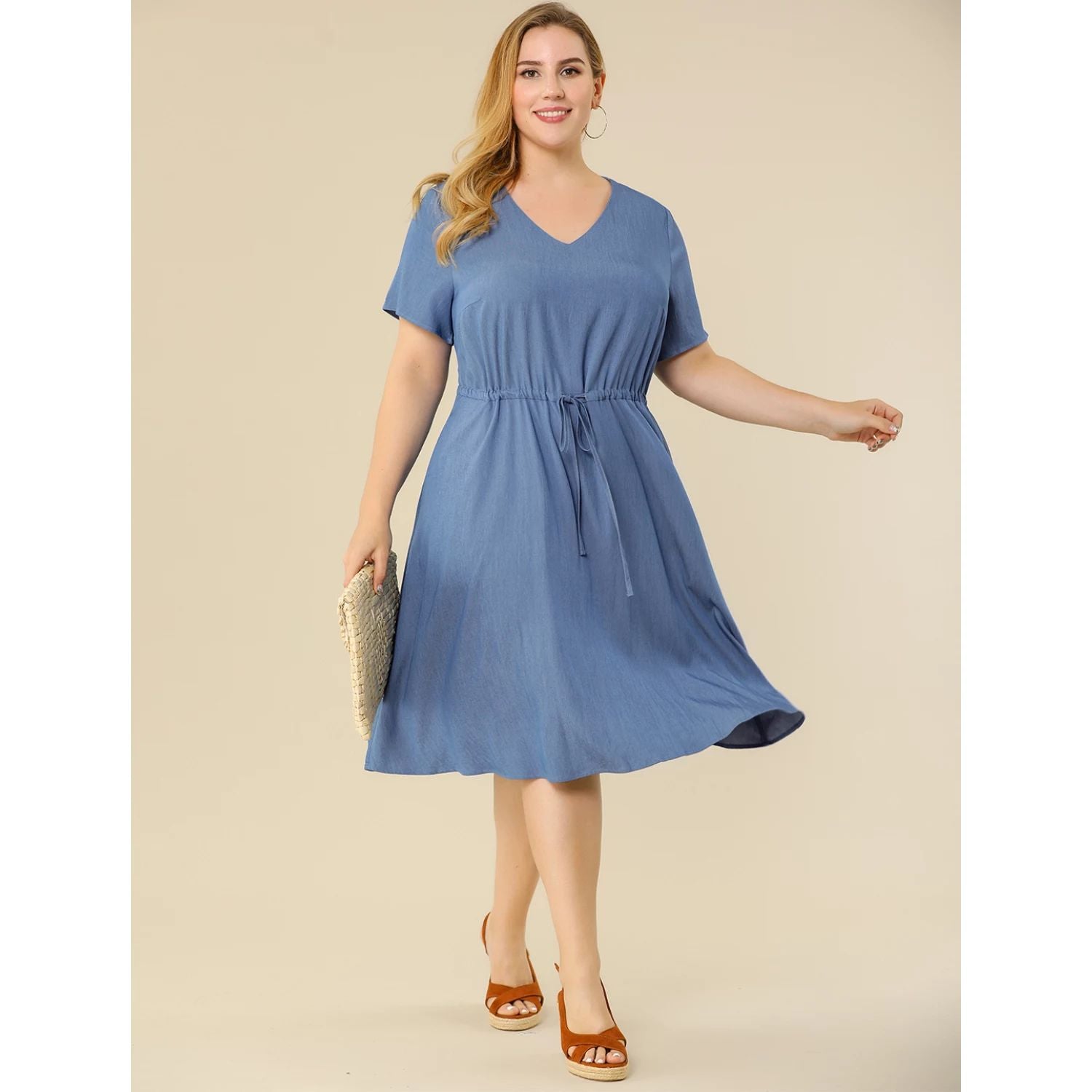 Agnes Orinda Women's Autumn Plus Size Denim Tie Midi Shirt Dress in Chambray , dark blue