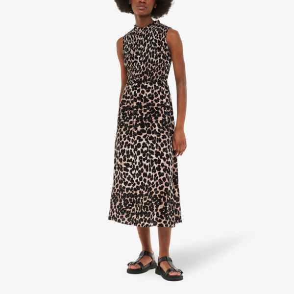 Whistles Leopard Print Heidi Woven Smocked Midi Dress multicolor