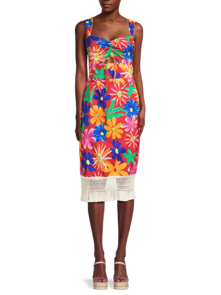 Aster Patbo Floral Fringe Sheath Midi Dress in Red Multi