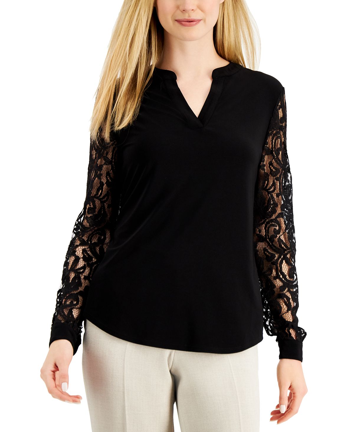 Women's blouse with slit and lace sleeves Kasper, black