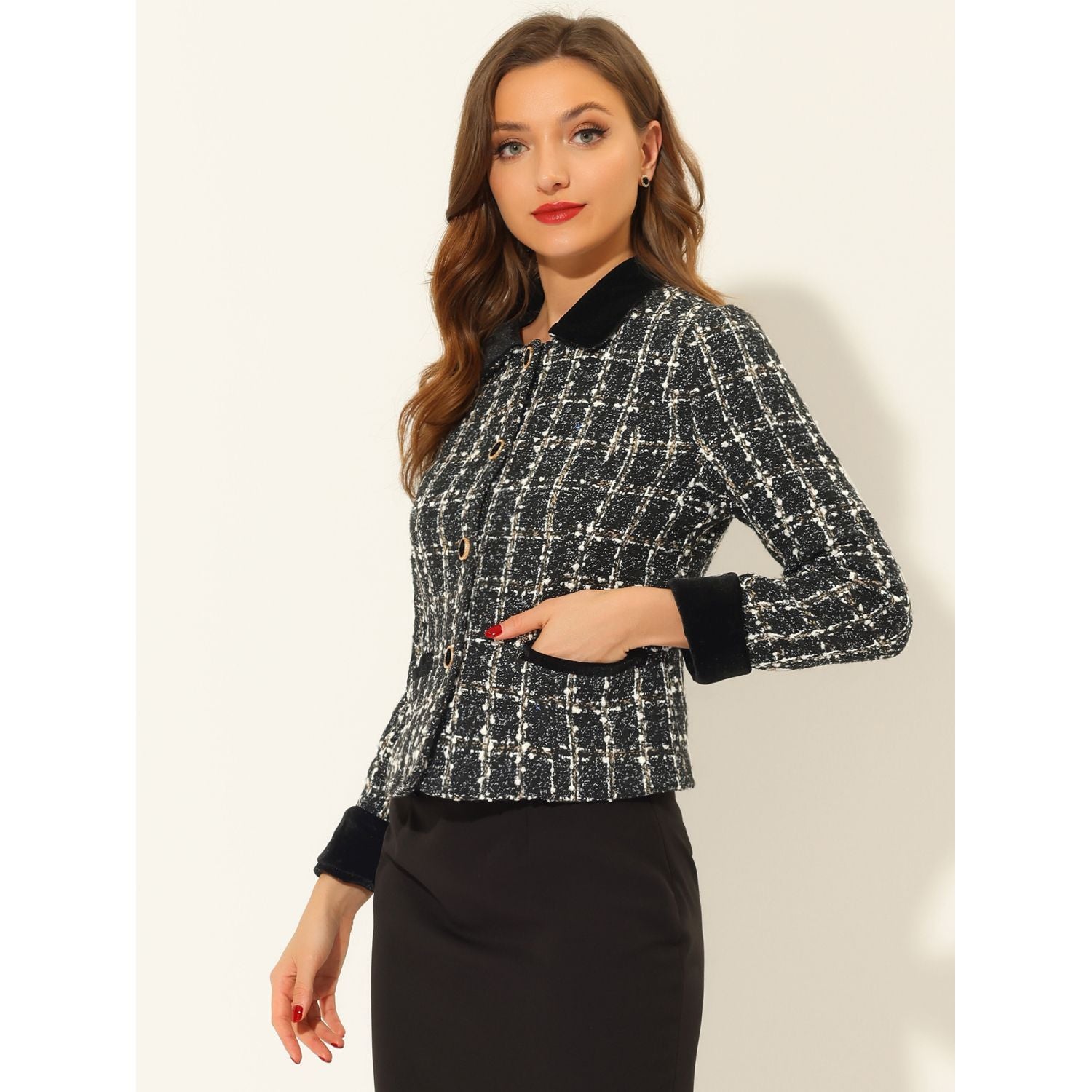 Women's elegant check tweed jacket with velvet collar ALLEGRA K, black