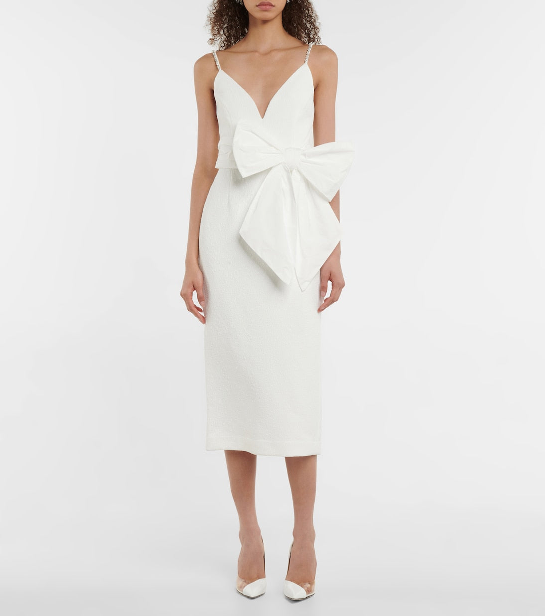 Rebecca Vallance crepe midi wedding dress with bow, white