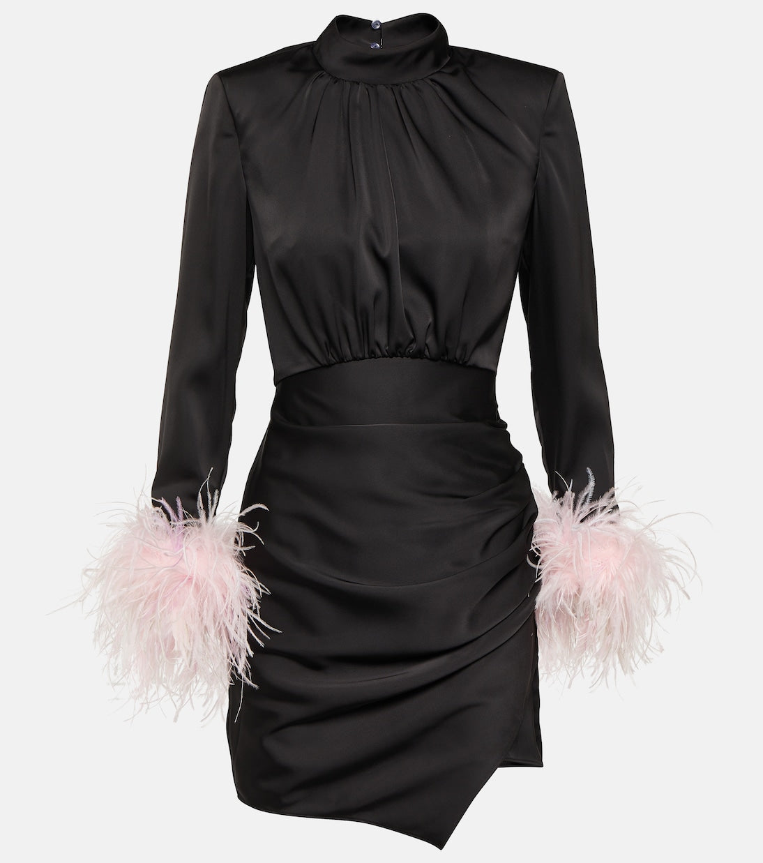 Self-Portrait Satin Mini Dress with Feathers, Black