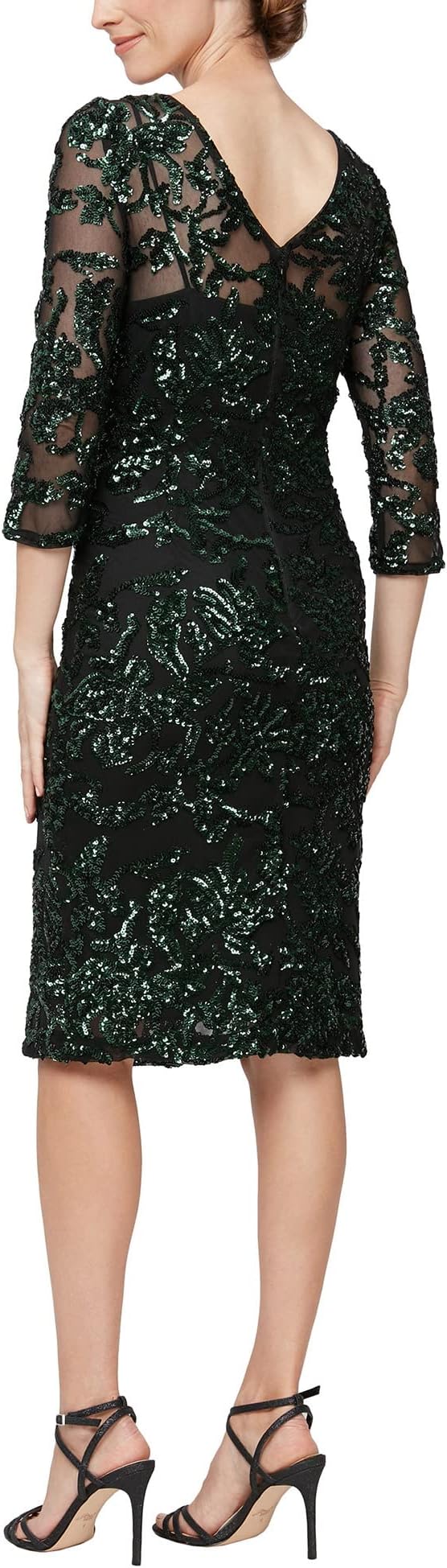 Short sheath dress with V-neck Illusion neckline and 3/4 sleeves Alex Evenings, Black/Green