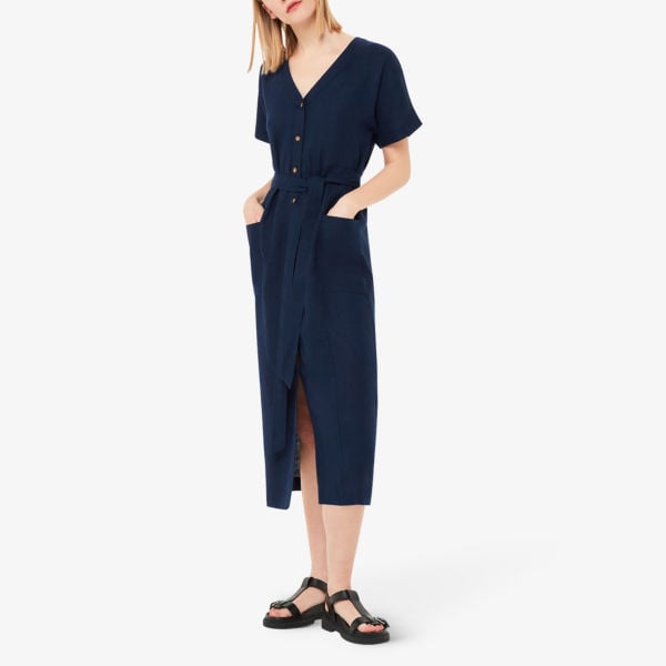 Whistles Linen Belted Button Down Midi Dress, Navy