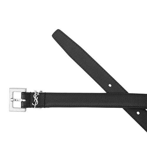 Leather Belt Saint Laurent Cassandre Thin Square, Black